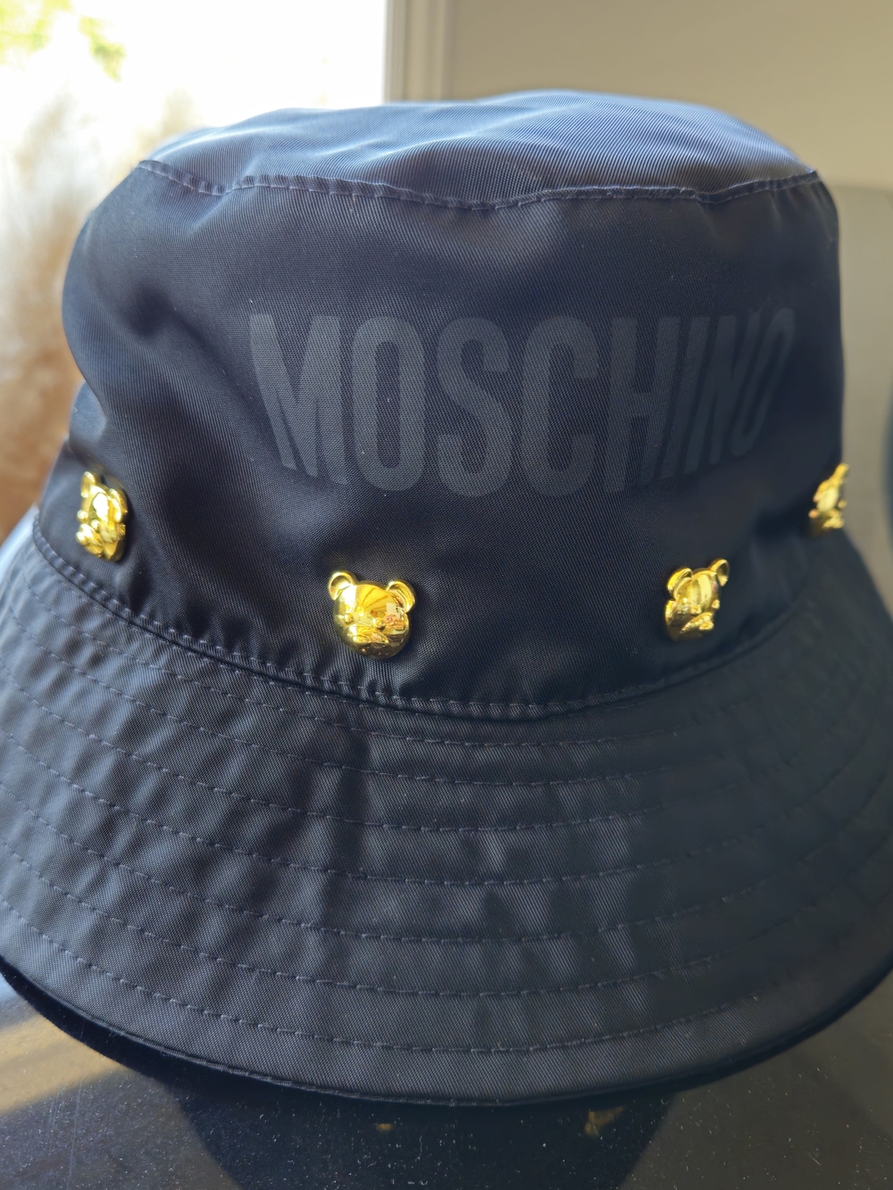 Moschino Black Bucket Hat with Gold Teddy Stud Accents